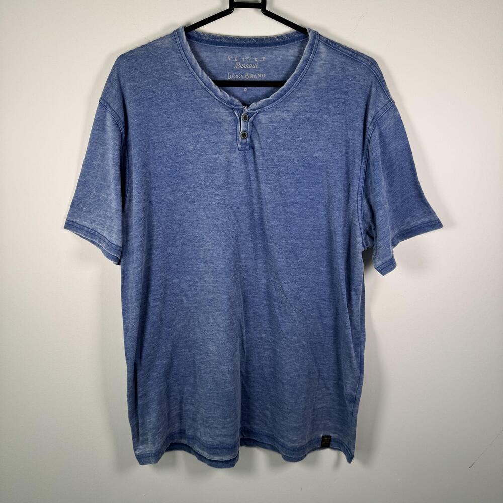 Lucky Brand Shirt Mens XL Blue Venice Burnout Henley Short Sleeve Jersey Tee